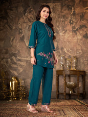 Teal Blue Thread Embroidered Coord Set model pose Kalyanja KC22