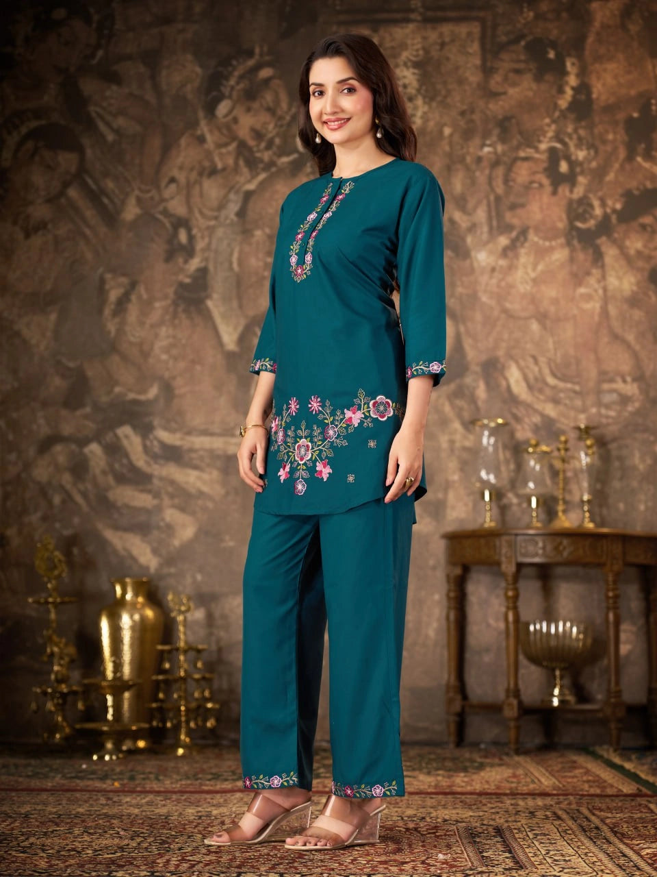 Teal Blue Thread Embroidered Coord Set pants ankle embroidery Kalyanja KC22