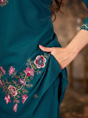 Teal Blue Thread Embroidered Coord Set close up floral work Kalyanja KC22