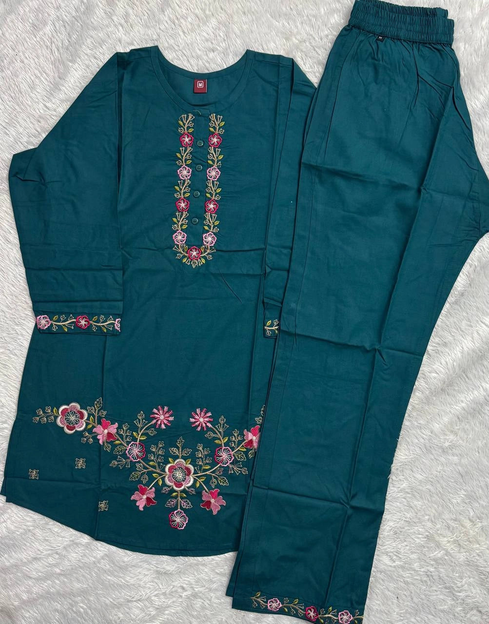 Teal Blue Thread Embroidered Coord Set back view Kalyanja KC22