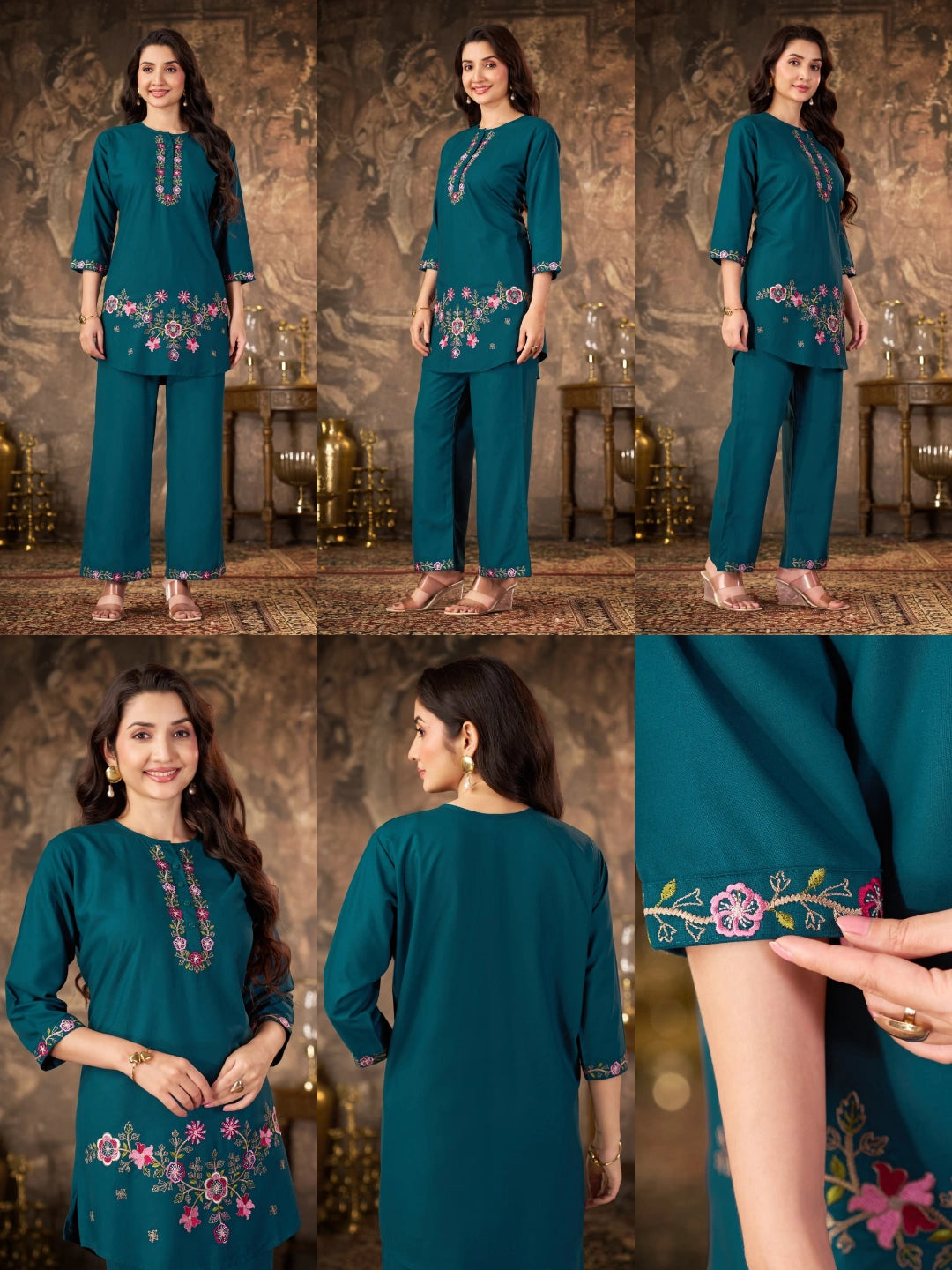 Teal Blue Thread Embroidered Coord Set multiple views collage Kalyanja KC22