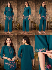 Teal Blue Thread Embroidered Coord Set multiple views collage Kalyanja KC22