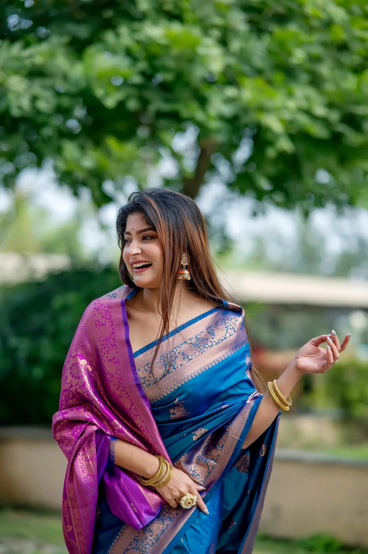 Teal Blue Zari Work Soft Banarasi Silk Saree - kalyanja
