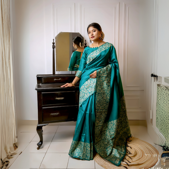 A woman models a luxurious Deep Sea Green Raw Silk Saree. The saree features a wide border and pallu with dense, intricate gold Zari weaving in a Kalamkari-style floral and paisley pattern. She wears a matching short-sleeve blouse with a scalloped neckline and heavy traditional gold jewelry, posing indoors next to a wooden vanity.