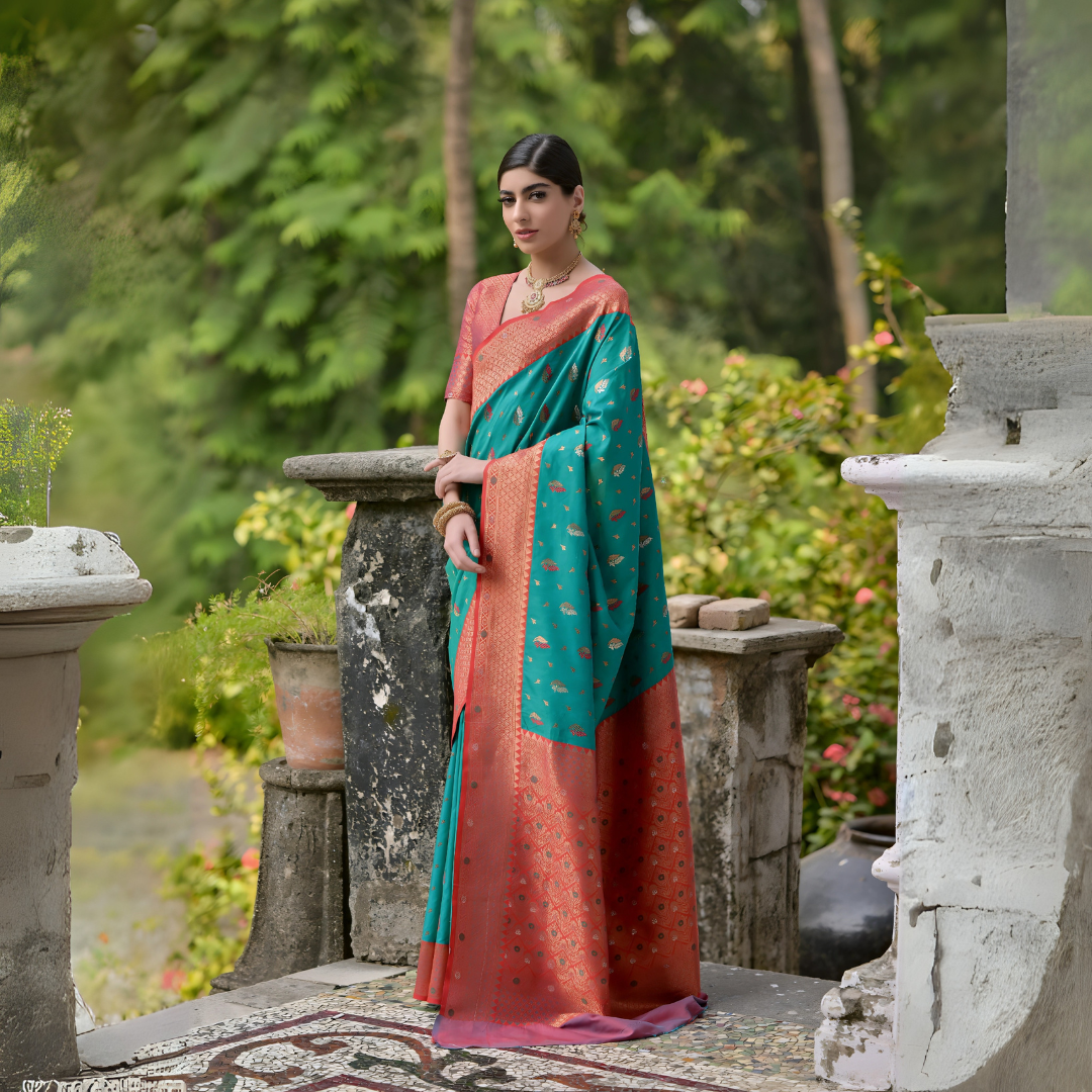 A woman models a luxurious Teal Banarasi Silk Saree with scattered gold Zari motifs. The wide border and pallu contrast dramatically in Terracotta Red with dense traditional gold weaving. She wears a coral short-sleeve blouse and heavy gold Kundan jewelry, posing on an ornate stone terrace.
