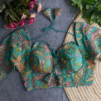 Sea Green Embroidery With Sequins Work Silk Blouse