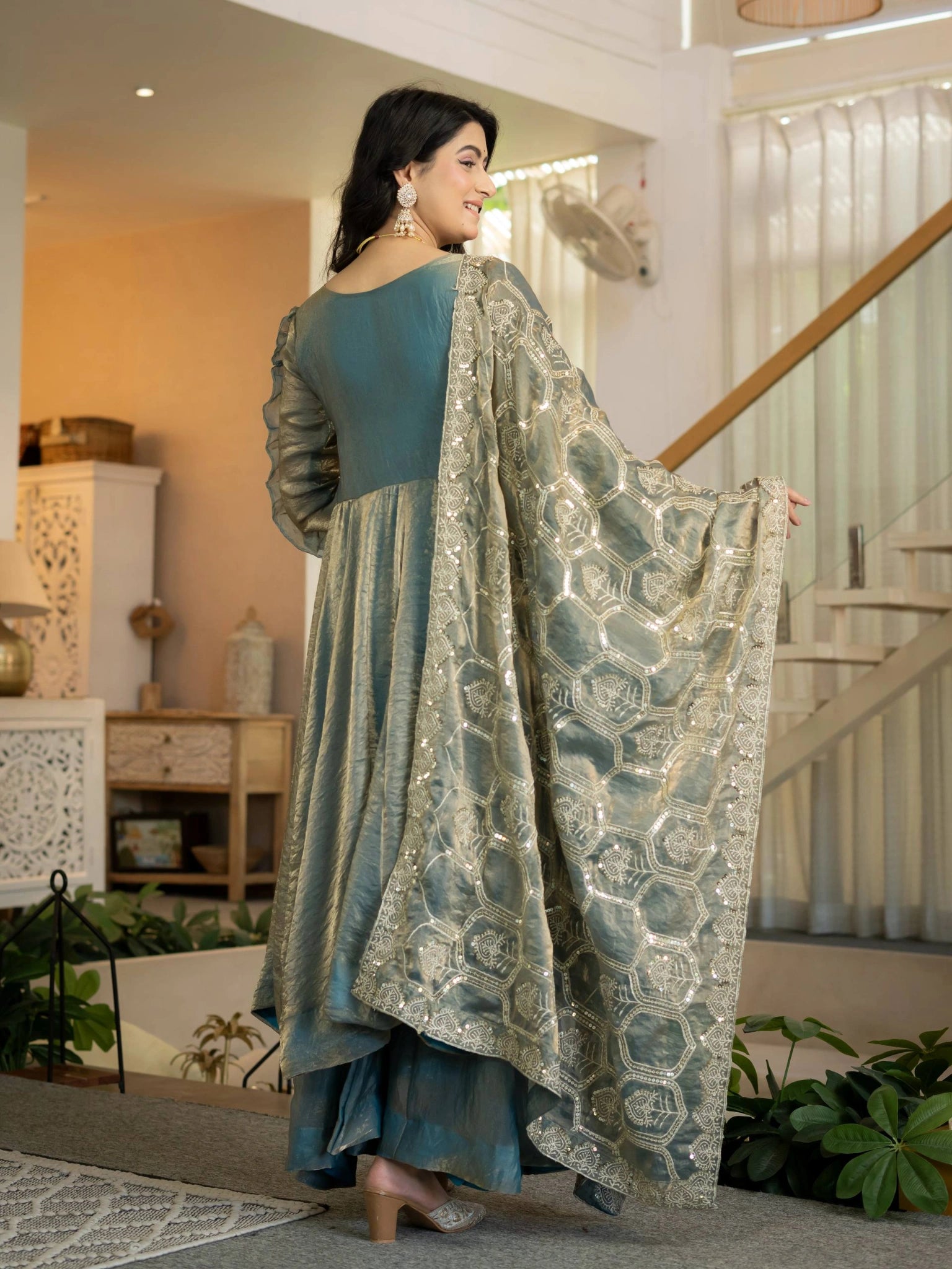 Teal Gray Anarkali Suit KU320 back view