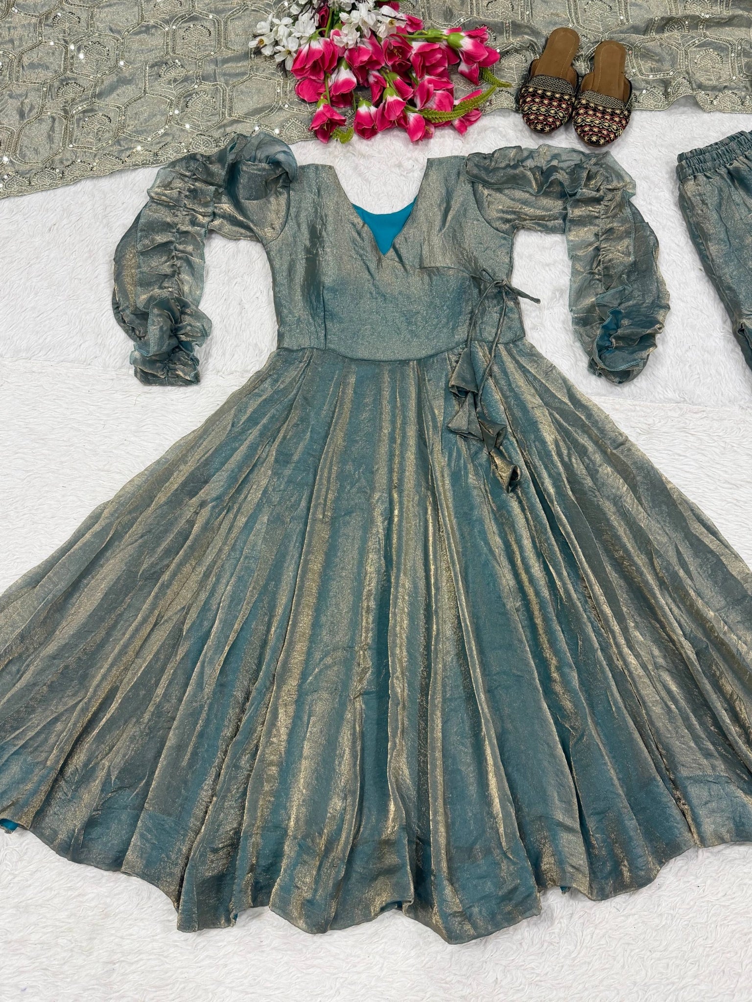 Teal Gray Anarkali Suit KU320 flat lay