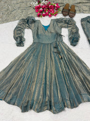Teal Gray Anarkali Suit KU320 flat lay