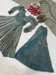 Teal Gray Suit KU320 palazzo and dupatta flat lay