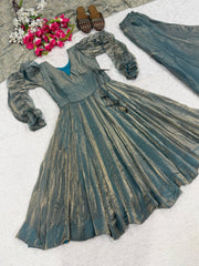 Teal Gray Anarkali Suit KU320 flare flat lay