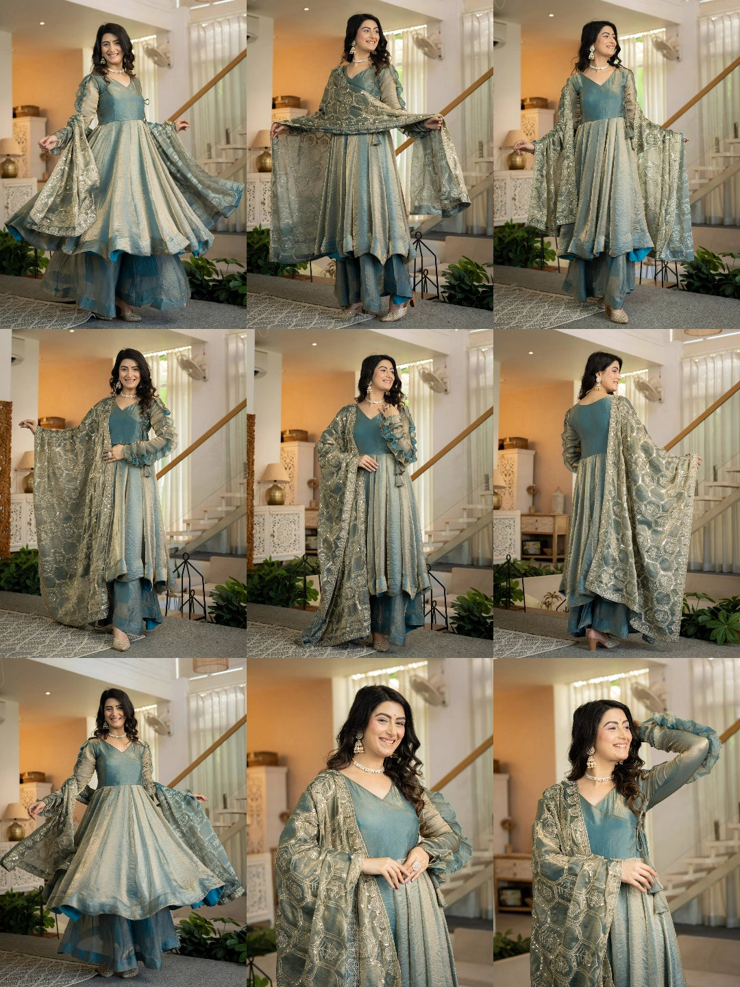 Teal Gray Anarkali Palazzo Suit KU320 all angles
