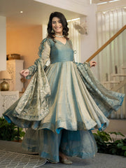 Teal Gray Sequins Embroidered Anarkali Suit KU320 front view