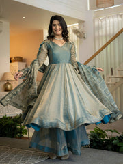 Teal Gray Anarkali Palazzo Suit KU320 flare