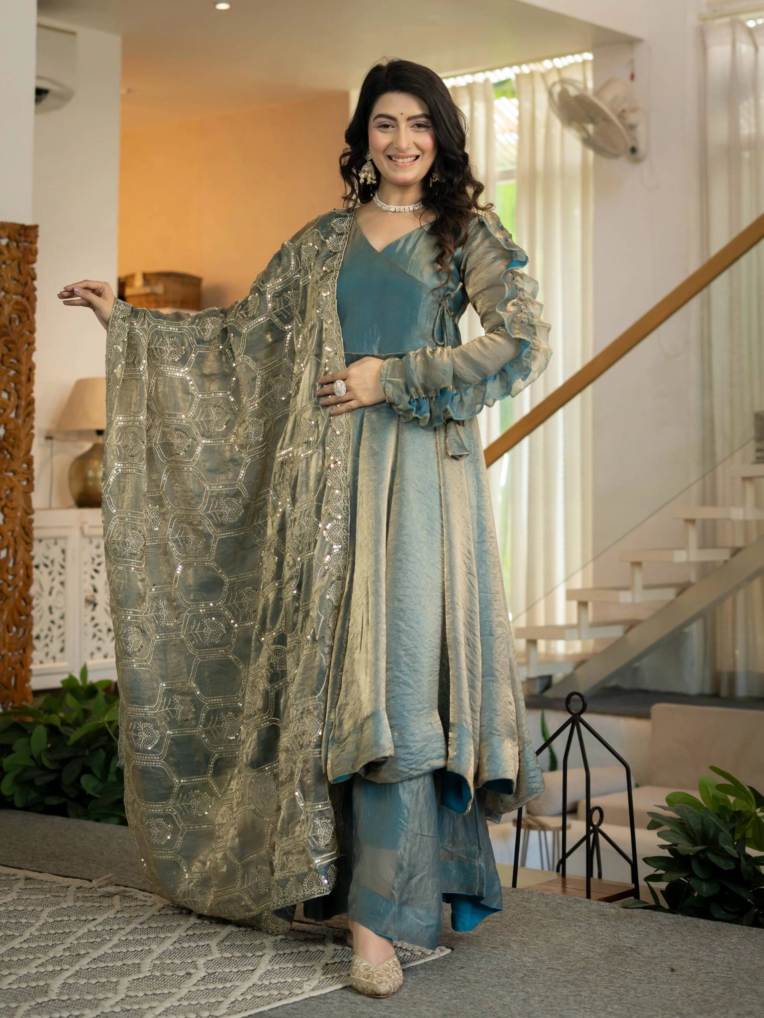 Teal Gray Sequins Embroidered Suit KU320 with dupatta