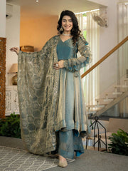 Teal Gray Sequins Embroidered Suit KU320 with dupatta