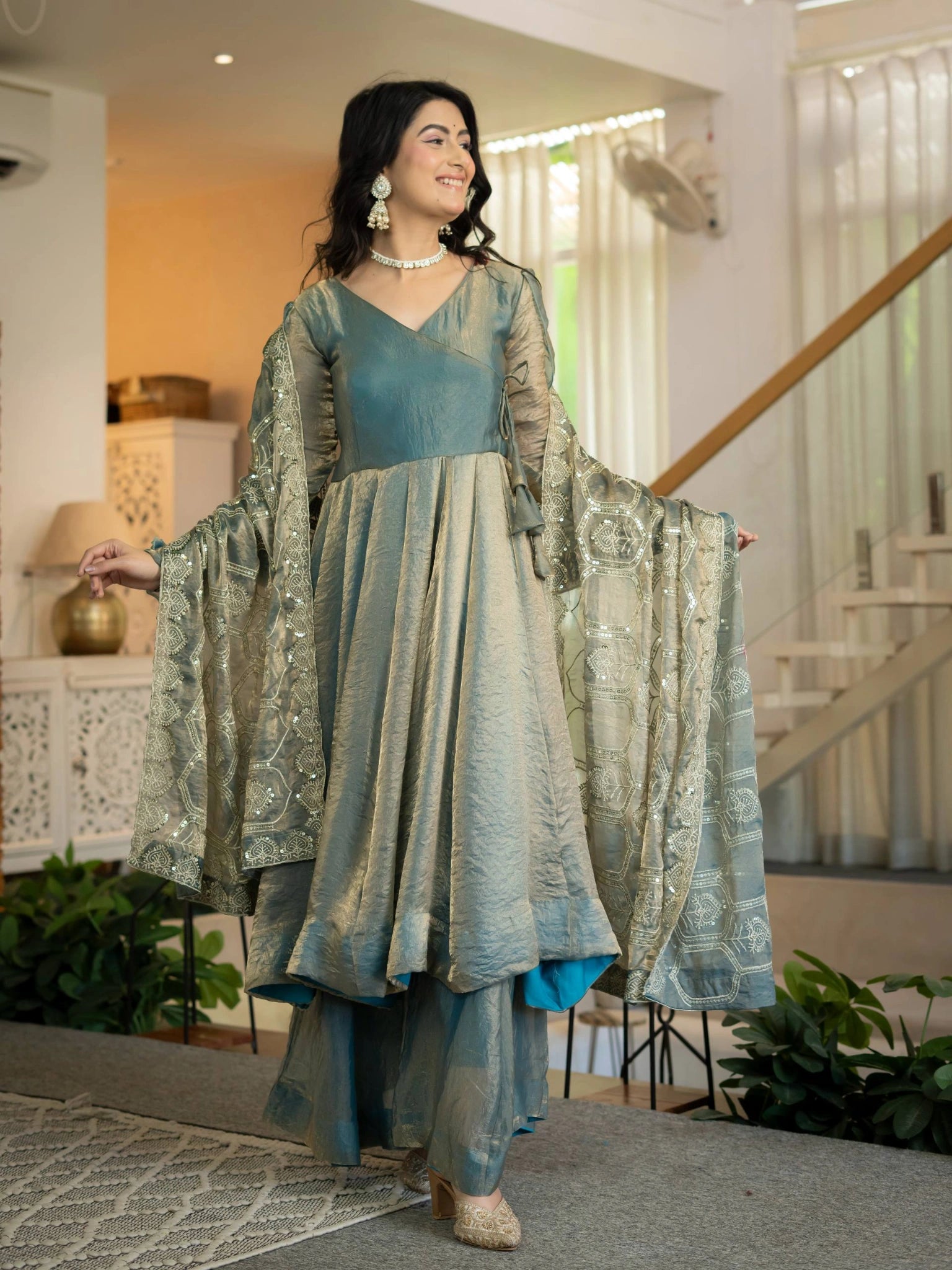 Teal Gray Anarkali Suit KU320 festive look
