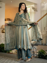 Teal Gray Suit KU320 sequins embroidered dupatta