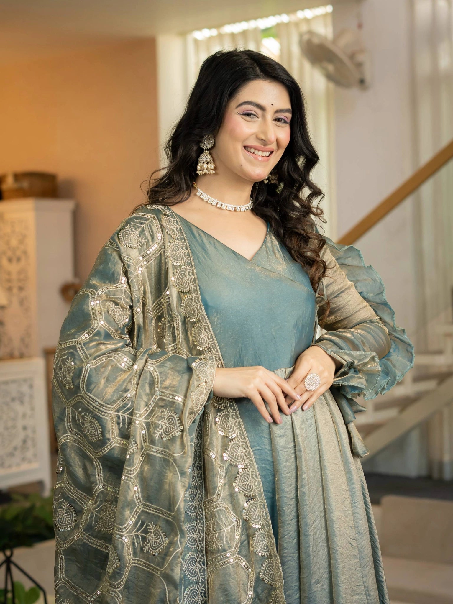 Teal Gray Anarkali Suit KU320 V-neck