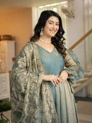 Teal Gray Anarkali Suit KU320 V-neck