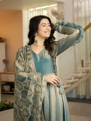 Teal Gray Suit KU320 full sleeve ruffle cuff