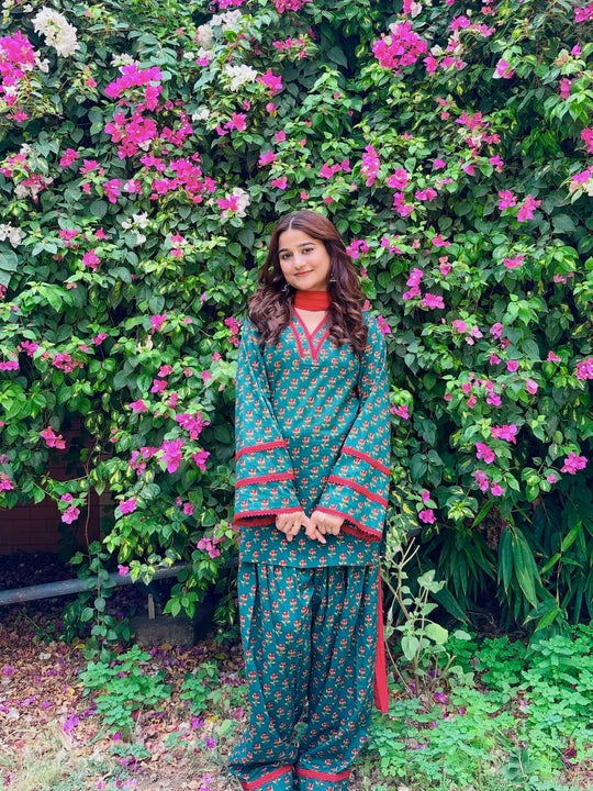Teal Green Digital Floral Print Farshi Suit model smiling full-length – Kalyanja KU303