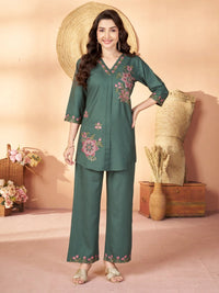 Teal Green Multi Thread Embroidered Coord Set – Rayon V-Neck 3/4 Sleeve