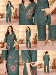 teal green multi thread embroidered rayon coord set kalyanja kc12 all angles catalog
