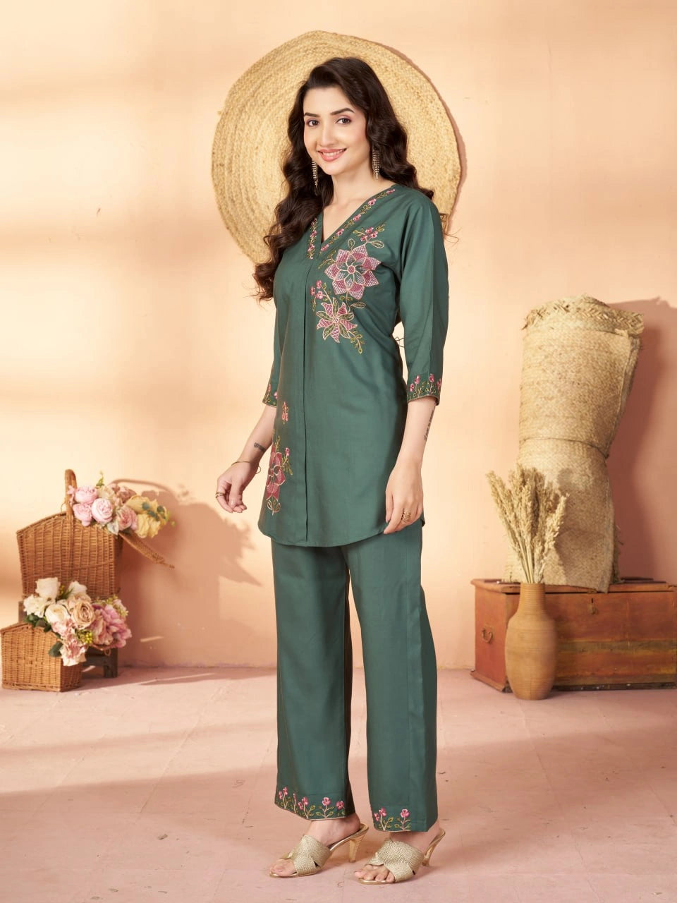 teal green multi thread embroidered coord set kalyanja kc12 full side front angle