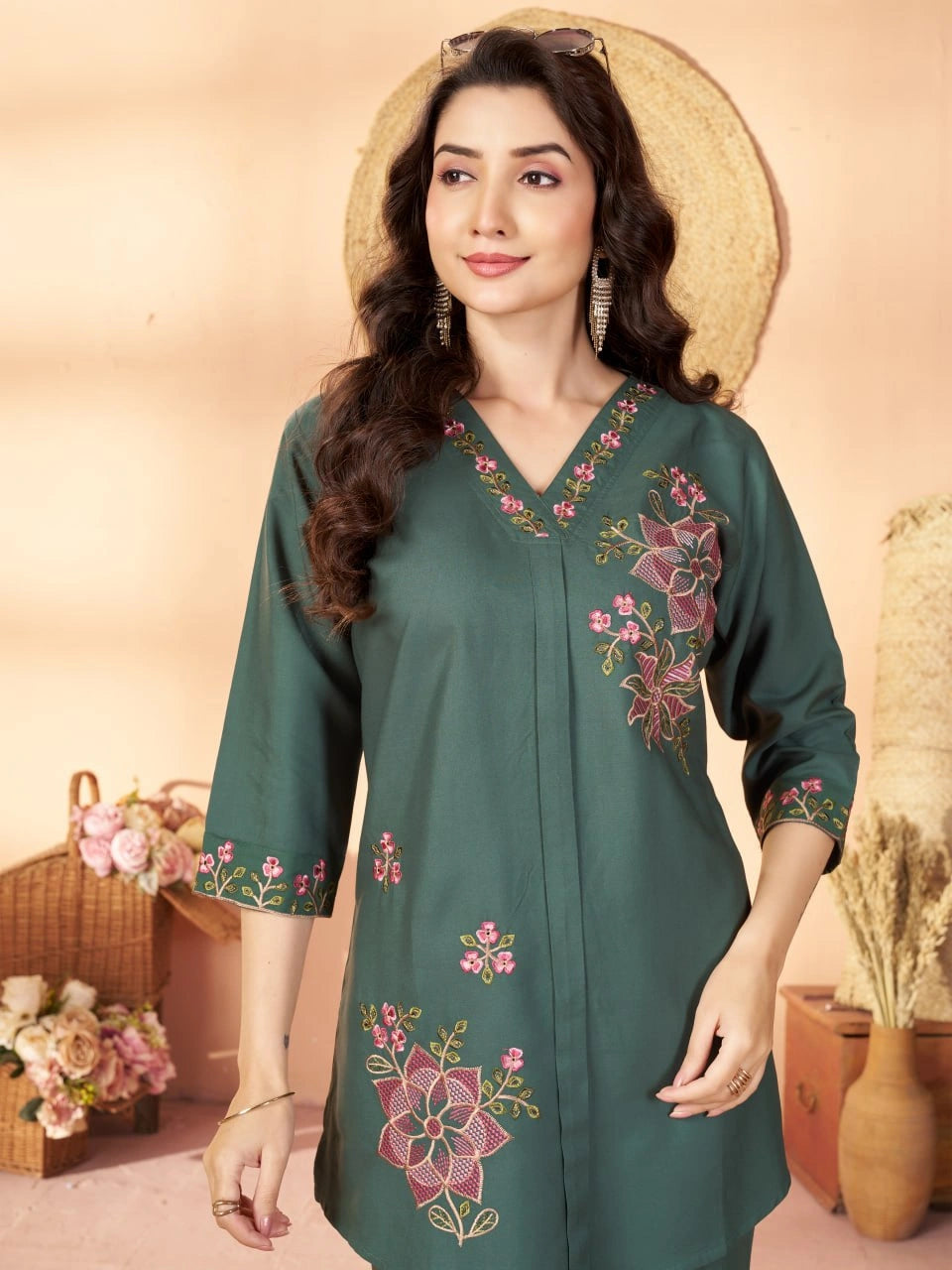 teal green multi thread embroidered coord set kalyanja kc12 upper body close up