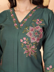teal green multi thread embroidered coord set kalyanja kc12 vneck embroidery close up