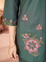 teal green multi thread embroidered coord set kalyanja kc12 side floral embroidery detail