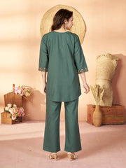 teal green multi thread embroidered coord set kalyanja kc12 back view full length