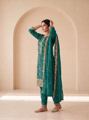 Teal Green Sequins Embroidered Kurti Blooming Chinon KK111 - Side View