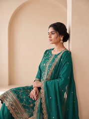 Teal Green Sequins Embroidered Kurti Blooming Chinon KK111 - Seated Pose