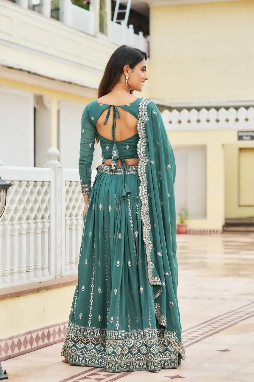 Teal Green Lehenga open back dori tie-up full sleeve back view – Kalyanja KL167