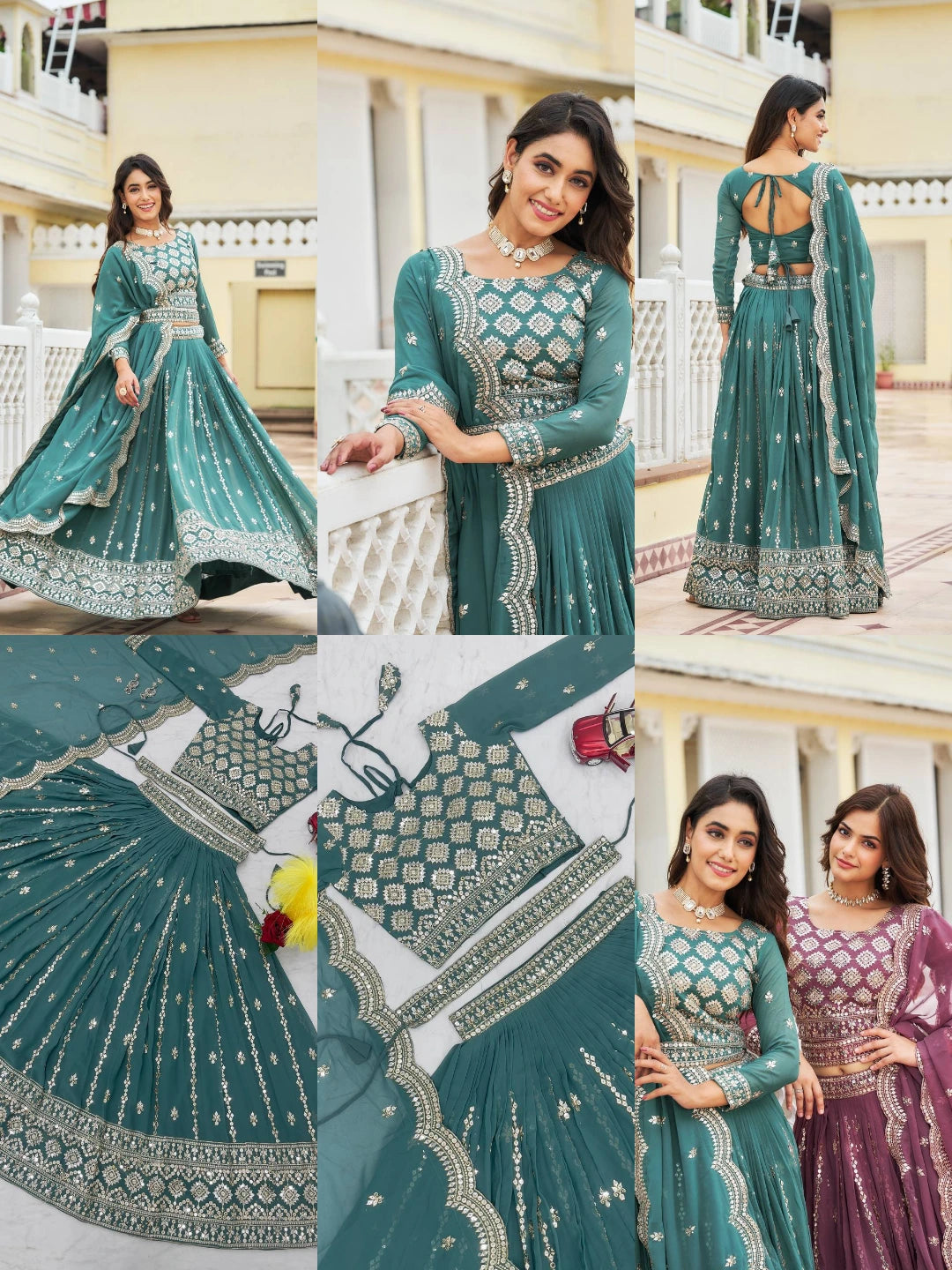 Teal Green Sequins Embroidered Lehenga 6-panel product collage – Kalyanja KL167