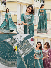Teal Green Sequins Embroidered Lehenga 6-panel product collage – Kalyanja KL167
