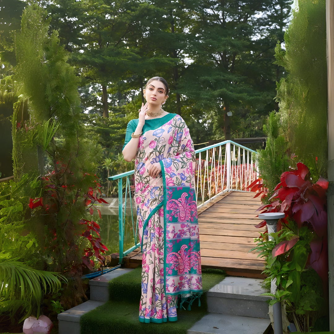 Teal Madhubani Printed Saree Floral Bridge Garden