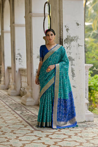 Teal Pochampali Ikkat Resham Zari Raw Silk Saree