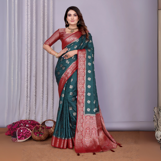 Rama Blue Zari Weaving Satin Silk Saree