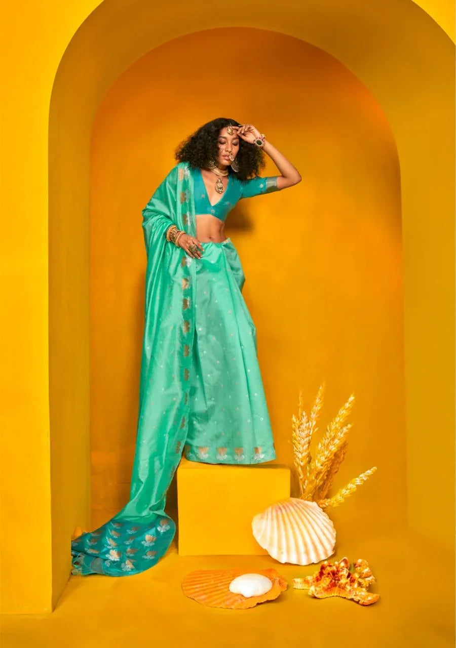 Woman in beautiful teal saree with intricate zari work
