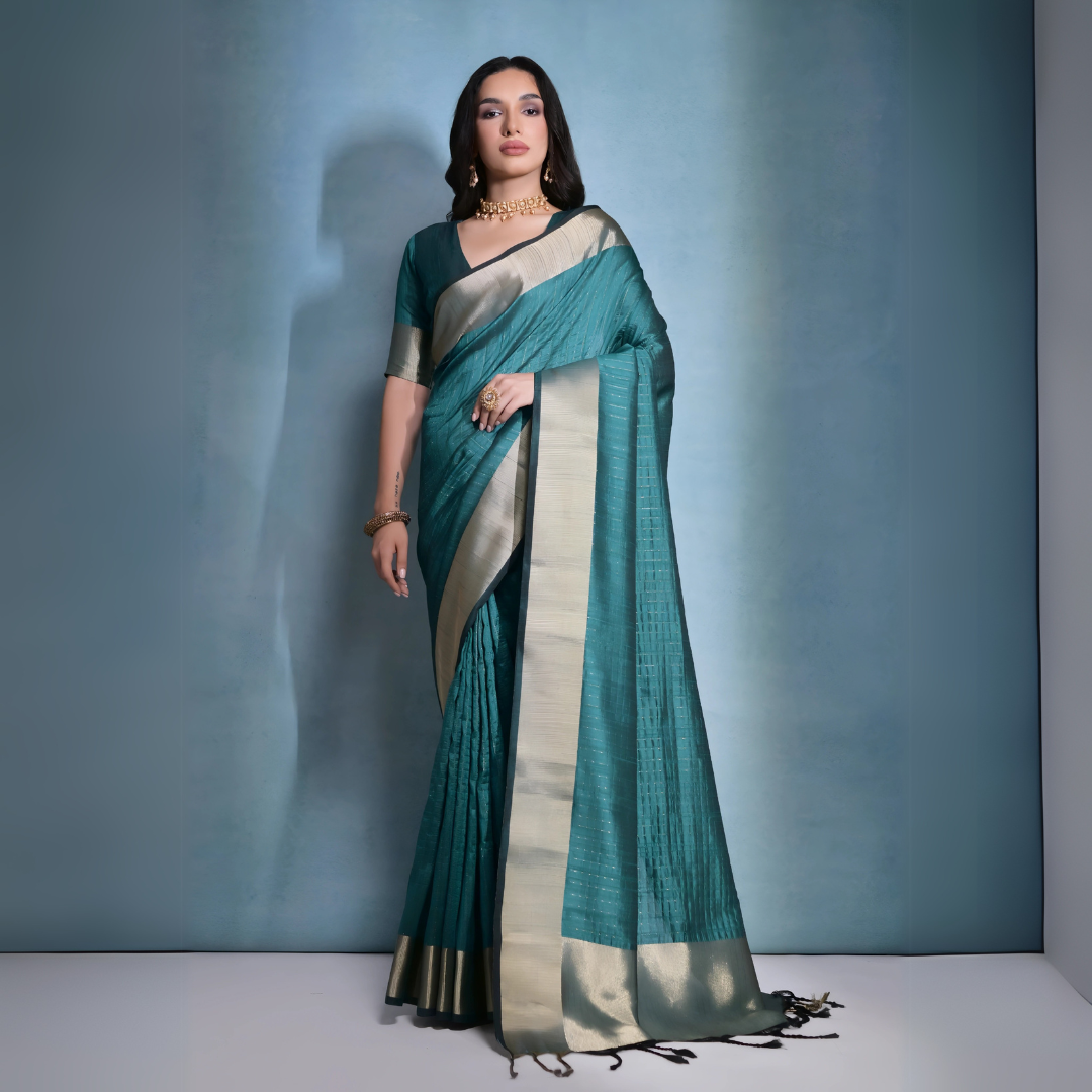Rama blue banarasi raw silk saree with zari weaving for weddings — Kalyanja