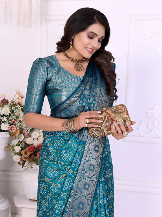 Sea Blue Zari Weaving Soft Satin Silk Saree