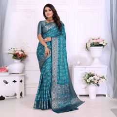 Sea Blue Zari Weaving Soft Satin Silk Saree