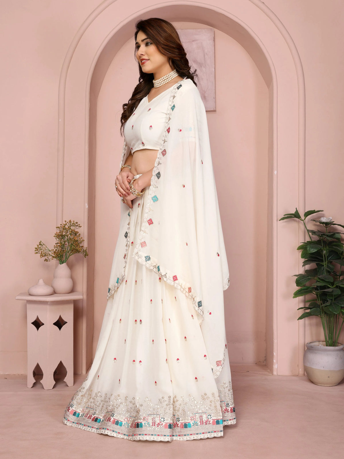 White Embroidered Cut Work Lehenga full length side view – Kalyanja KL173