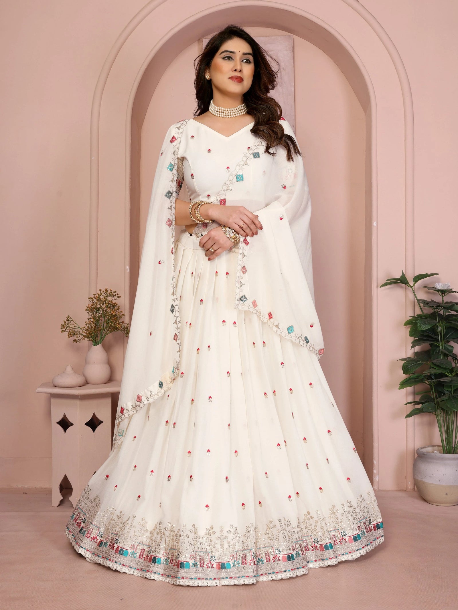 White Embroidered Lehenga full standing view – Kalyanja KL173