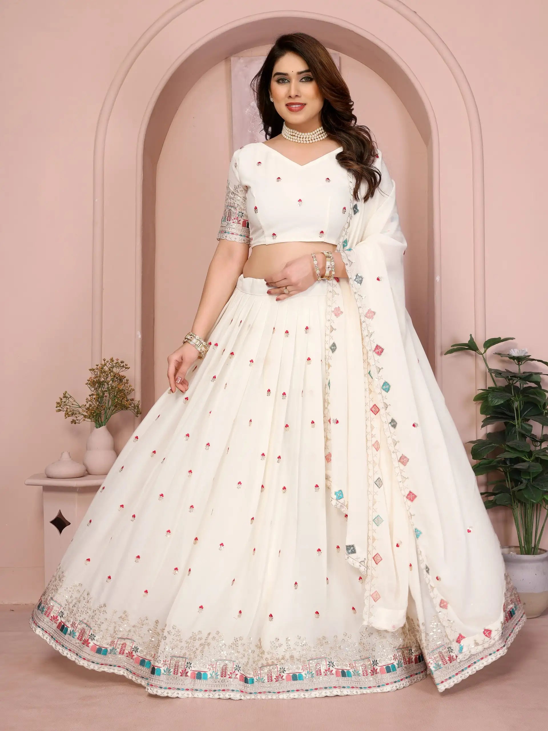 White Cut Work Lehenga back open dori tie-up choli detail – Kalyanja KL173
