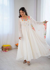 White Floral Embroidered Anarkali Suit model flare with dupatta held out – Kalyanja KU302