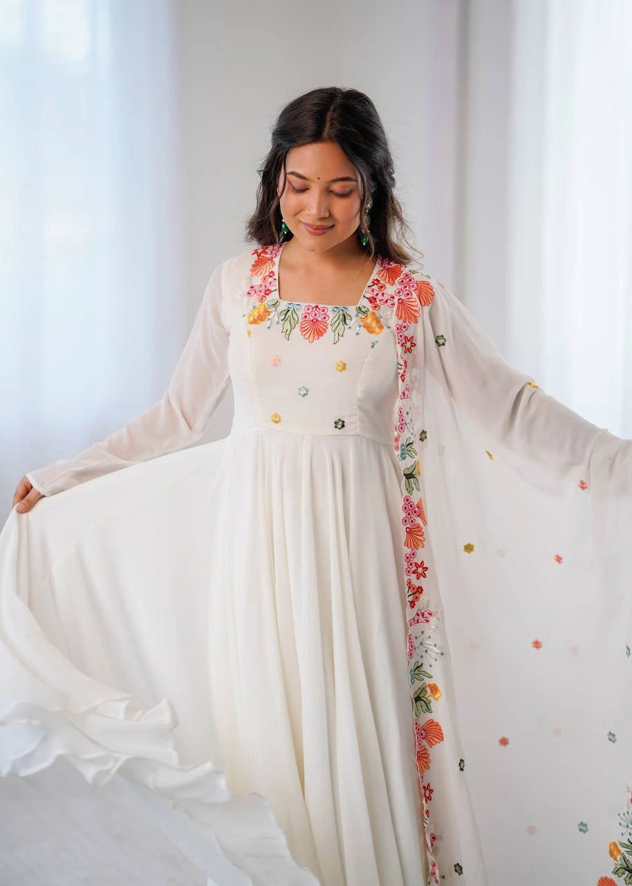 White Anarkali Suit portrait neckline multicolour floral embroidery – Kalyanja KU302